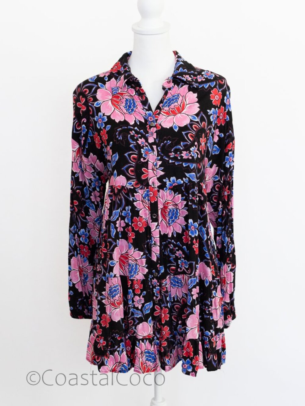 Zara Floral Shirt Dress L Oversize Button Down Tiered Paisley Brunch Boho
